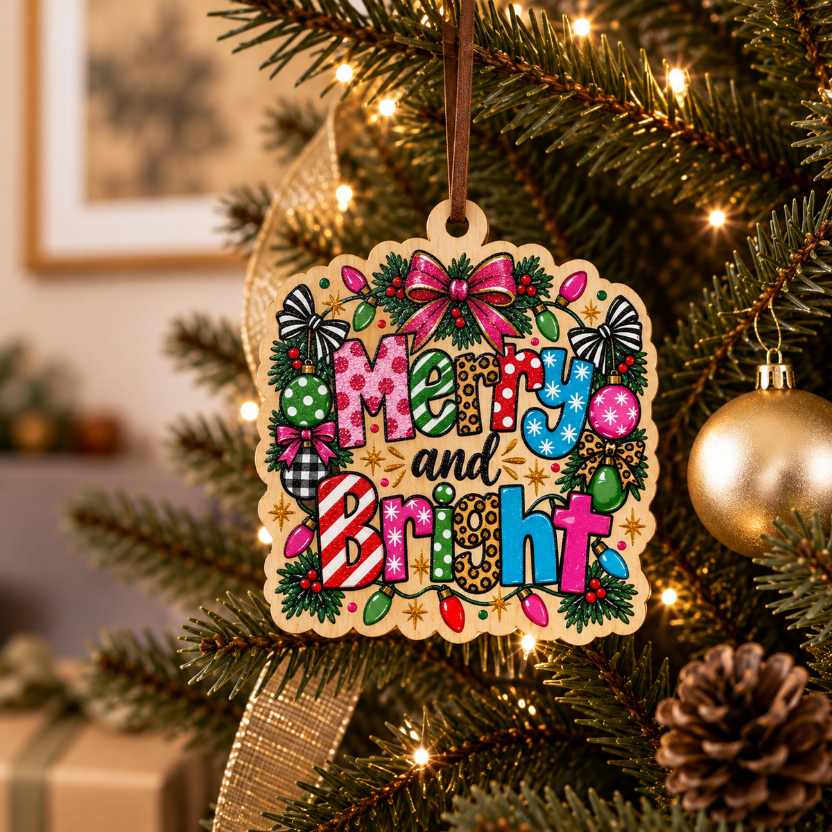 A decorative Christmas ornament shaped like a wooden sign hangs on a lit Christmas tree. The ornament features the words “Merry and Bright” in colorful patterned letters, surrounded by bows, holly, pinecones, and holiday motifs.