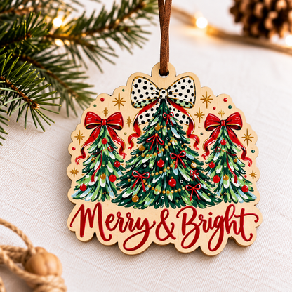 A scalloped wooden Christmas ornament with three decorated trees, red bows, gold stars, and the words “Merry & Bright” in red script, hanging by a brown ribbon on a light fabric surface with pine branches and warm string lights in the background.