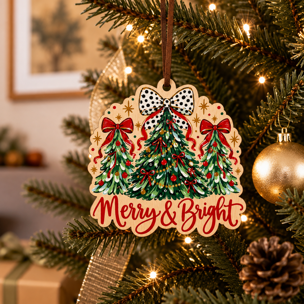A festive Christmas ornament hanging on a decorated tree branch. The ornament is shaped like a wooden plaque with three decorated Christmas trees, red bows, gold stars, and the words 'Merry & Bright' in red script at the bottom.