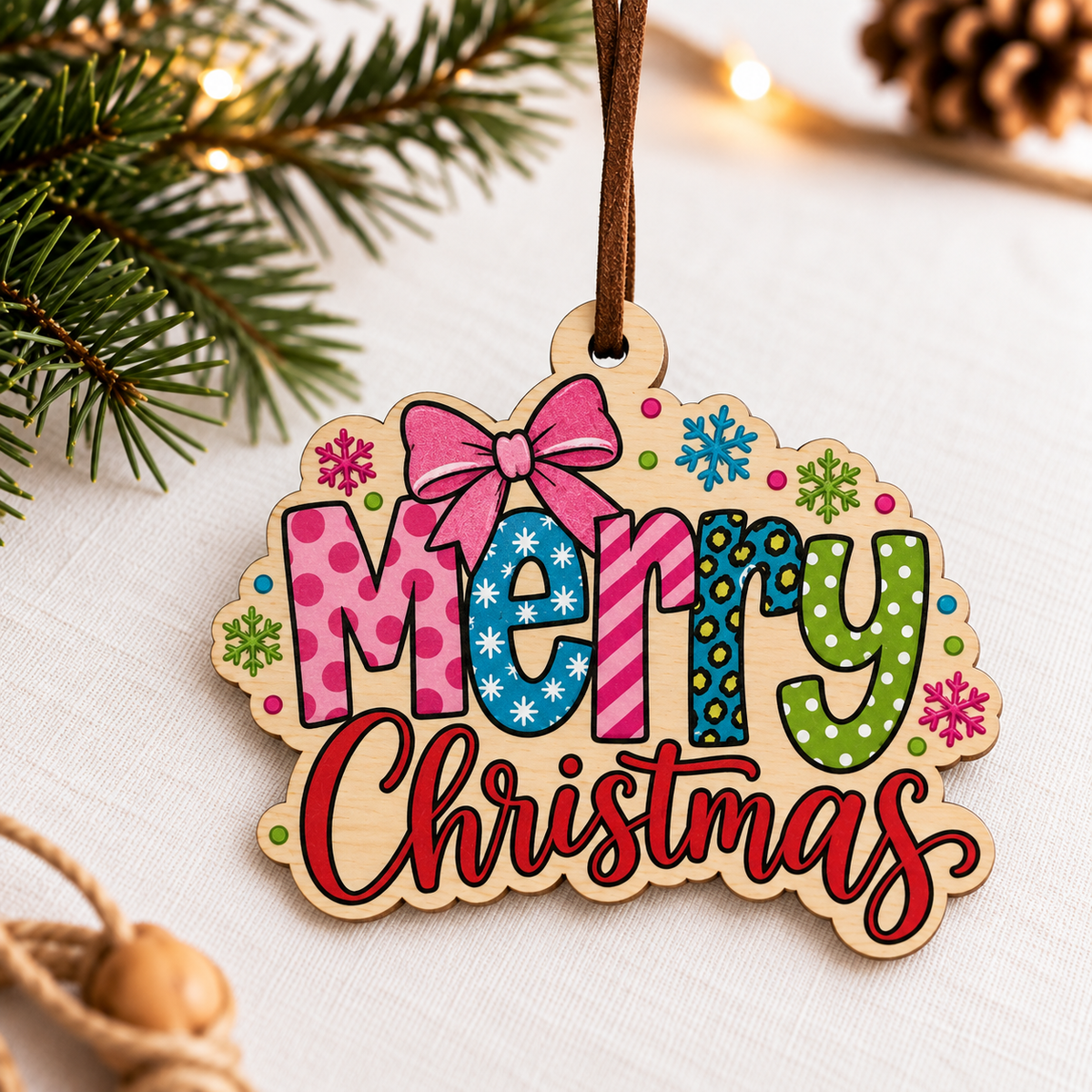 A wooden Christmas ornament with a scalloped edge and a hanging loop, featuring the words “Merry Christmas” in colorful patterned letters with a pink bow and snowflake accents. The ornament is styled on a white fabric surface with pine branches and warm string lights in the background.