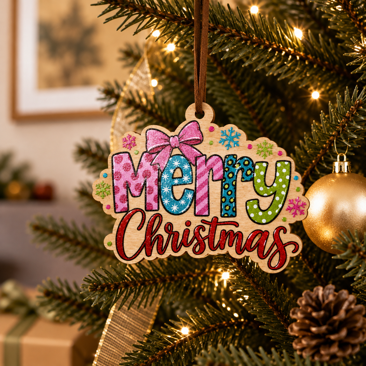 A colorful wooden 'Merry Christmas' ornament hanging on a decorated Christmas tree with warm lights, a gold bauble, and pinecones.