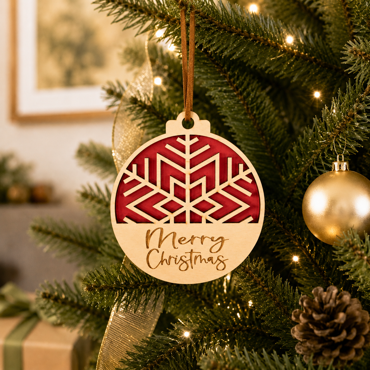 Geometric red and wood snowflake ornament hanging on a decorated Christmas tree with warm white lights and gold ribbon