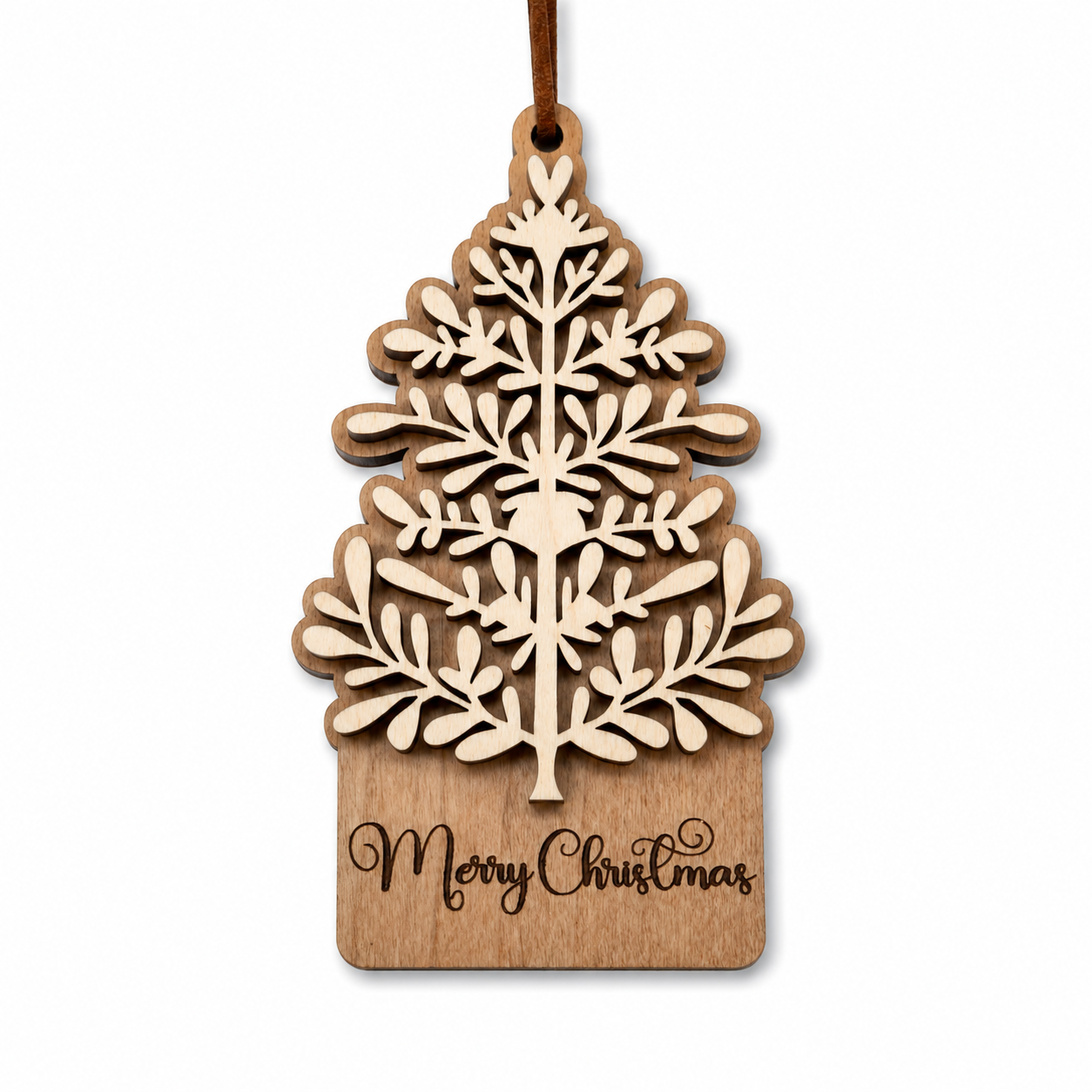 Layered cherry and maple wood Christmas tree ornament with engraved Merry Christmas detail and faux leather hanger
