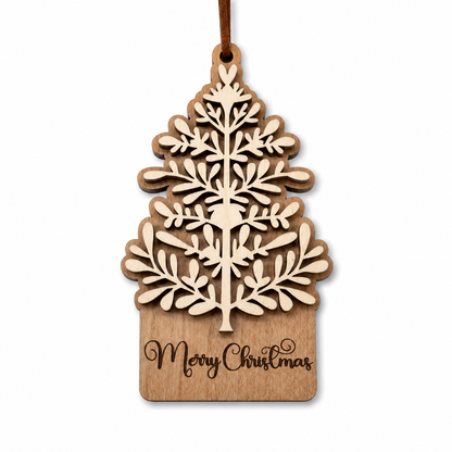 Layered cherry and maple wood Christmas tree ornament with engraved Merry Christmas detail and faux leather hanger