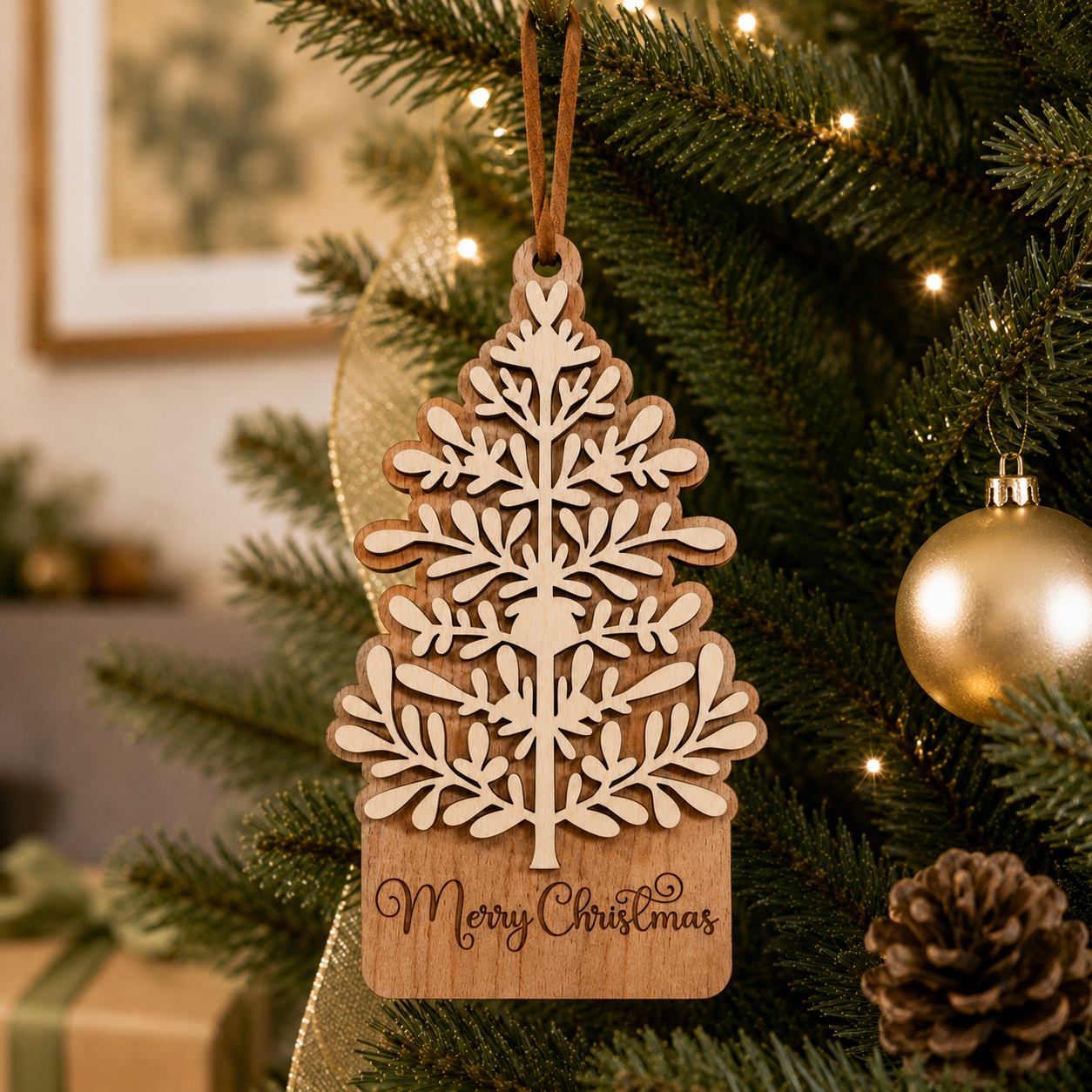 Cherry and maple layered wood Christmas tree ornament hanging on decorated Christmas tree