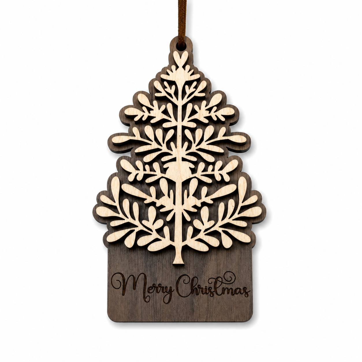 Layered walnut and maple wood Christmas tree ornament with engraved Merry Christmas detail
