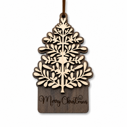 Layered walnut and maple wood Christmas tree ornament with engraved Merry Christmas detail