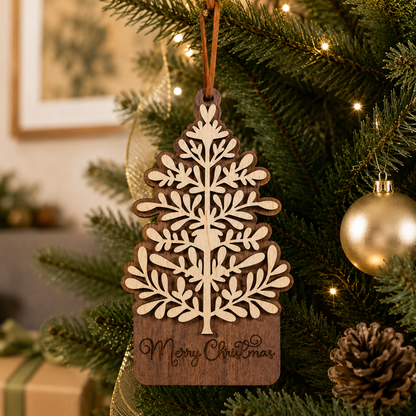 Walnut and maple layered wood Christmas tree ornament hanging on decorated Christmas tree