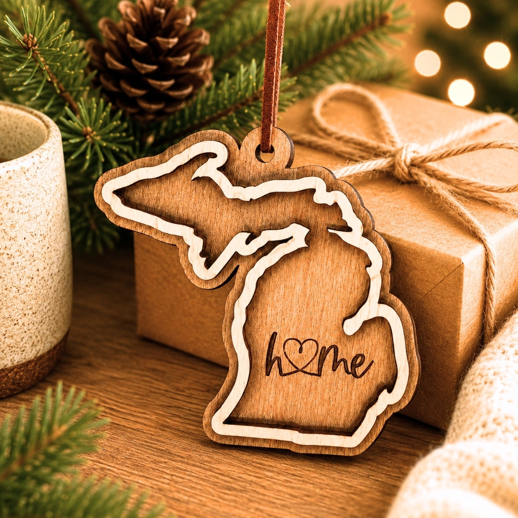 Layered Michigan wood ornament with engraved “home” script and faux leather cord on white background.
