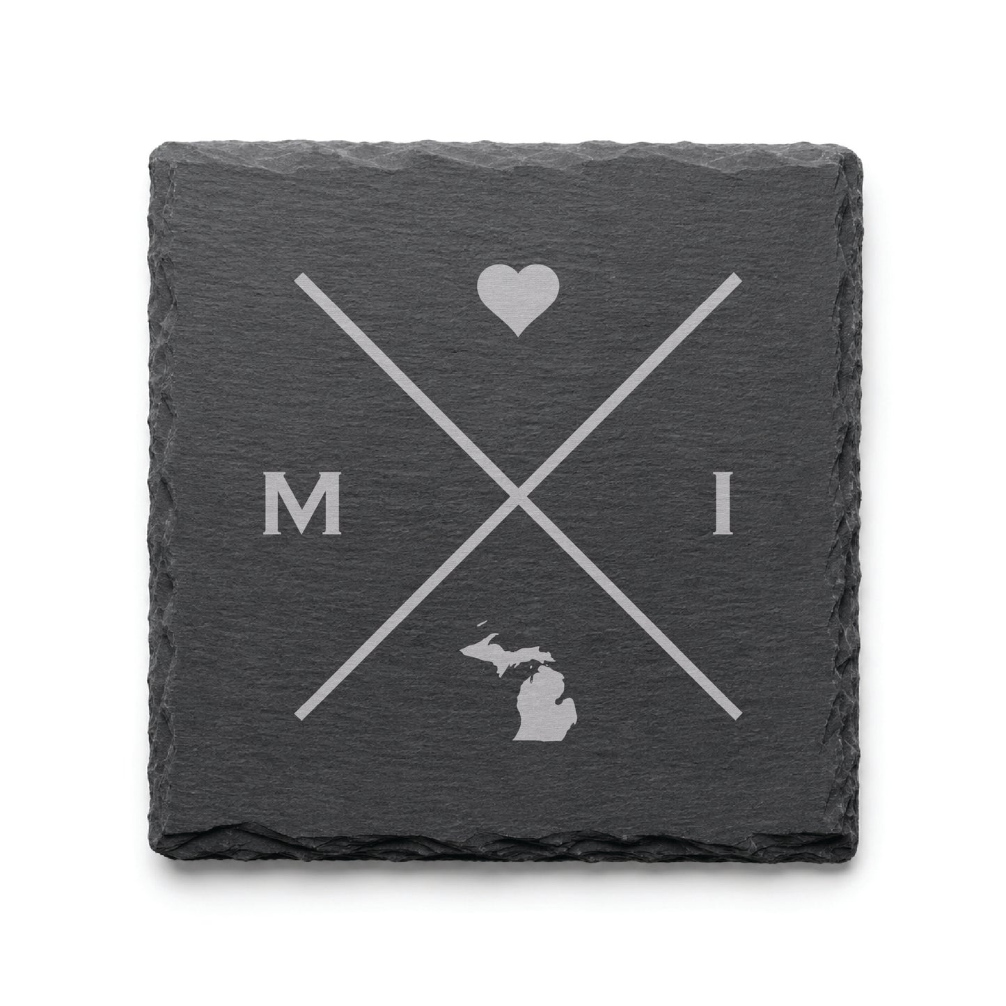 Engraved Michigan slate coaster featuring a minimalist crossed-line design with heart detail and Michigan silhouette on a clean light background.