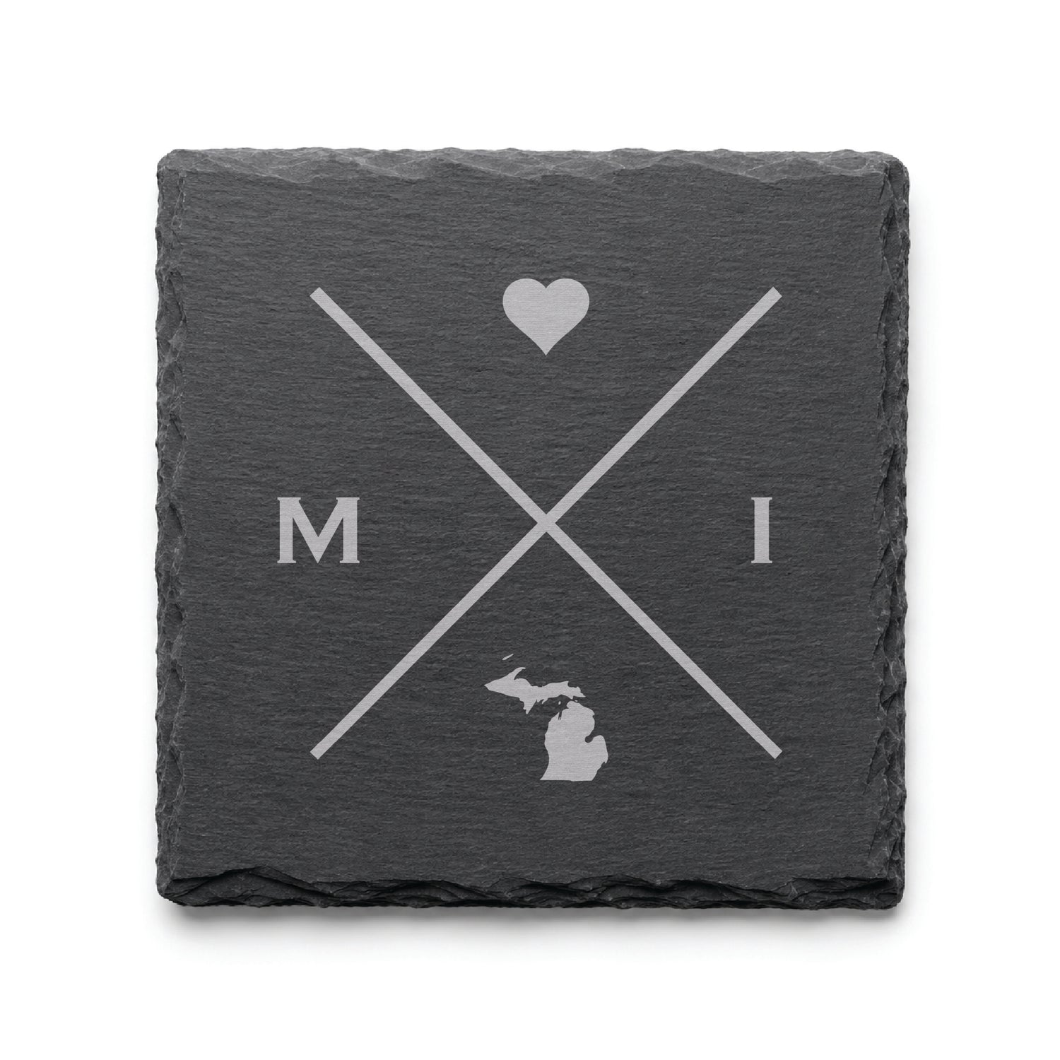 Engraved Michigan slate coaster featuring a minimalist crossed-line design with heart detail and Michigan silhouette on a clean light background.