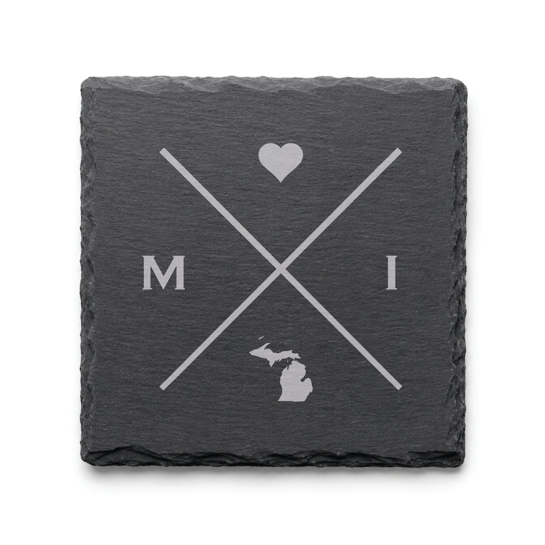 Engraved Michigan slate coaster featuring a minimalist crossed-line design with heart detail and Michigan silhouette on a clean light background.