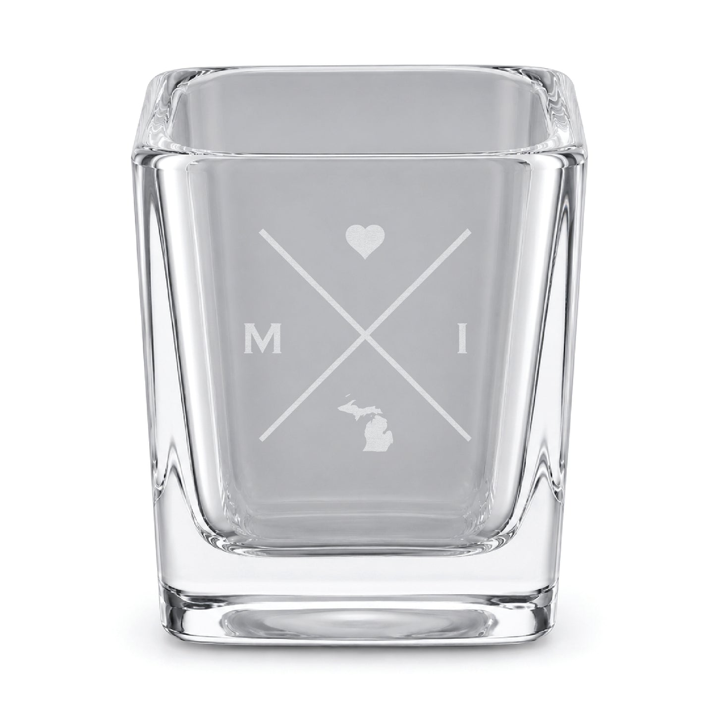 Clear engraved Michigan shot glass featuring a minimalist crossed-line design with heart detail and Michigan silhouette on a clean light background.