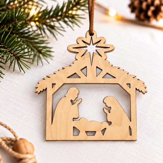 A natural wood laser-cut Christmas nativity ornament hanging from a brown string, displayed on a white textured fabric with pine branches and warm string lights in the background.