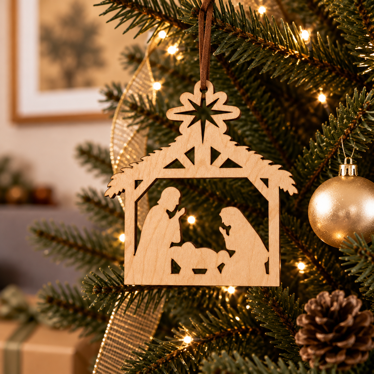 A wooden nativity scene ornament hanging on a decorated Christmas tree with warm string lights, gold ornaments, and a pinecone.