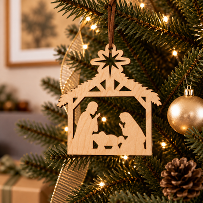 A wooden nativity scene ornament hanging on a decorated Christmas tree with warm string lights, gold ornaments, and a pinecone.
