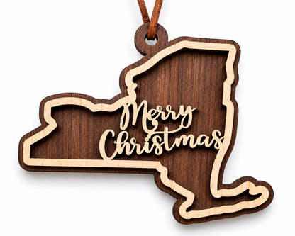 Layered New York state Christmas ornament with walnut and maple wood and “Merry Christmas” script, photographed on a clean white background with faux leather hanger.