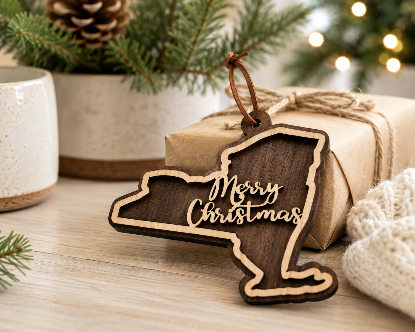 Layered New York state Christmas ornament styled in a cozy holiday setting with wrapped gifts, evergreen branches, warm lights, and neutral seasonal décor.