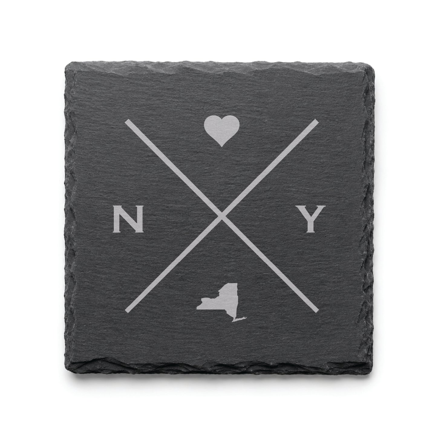 Engraved New York slate coaster featuring a minimalist crossed-line design with heart detail and New York silhouette on a clean light background.