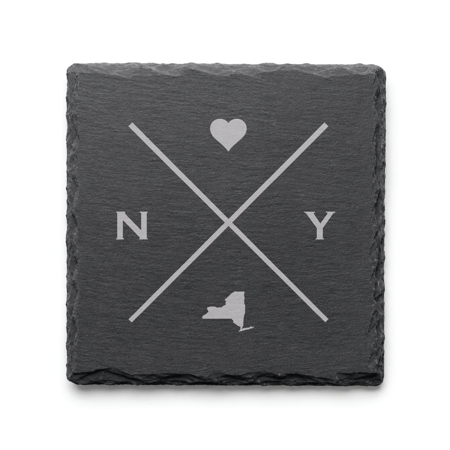 Engraved New York slate coaster featuring a minimalist crossed-line design with heart detail and New York silhouette on a clean light background.