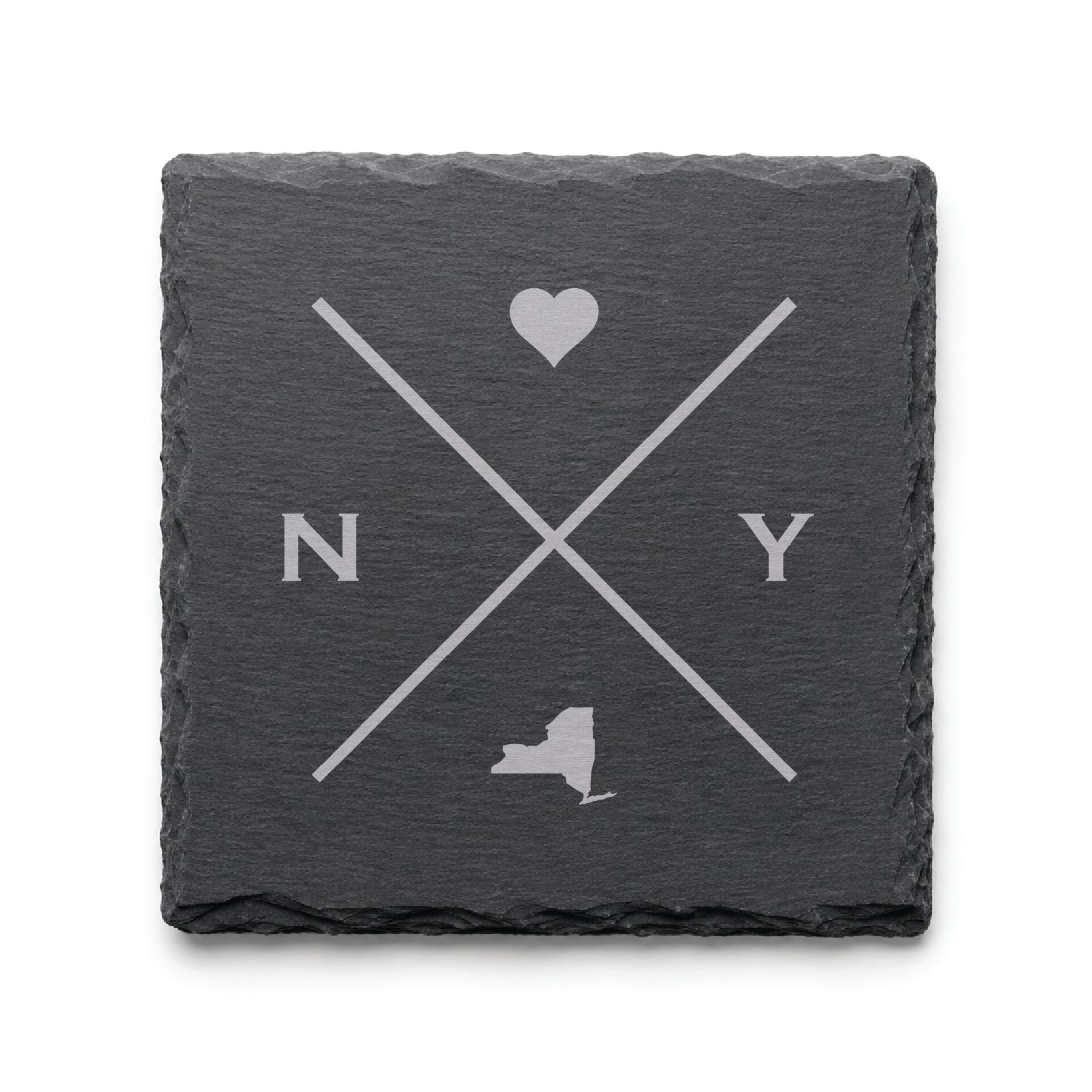 Engraved New York slate coaster featuring a minimalist crossed-line design with heart detail and New York silhouette on a clean light background.