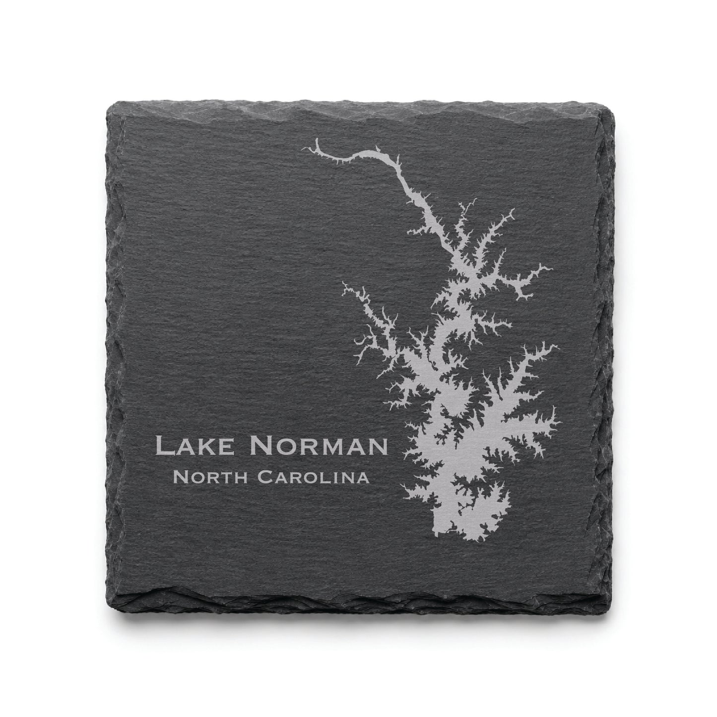 Engraved Lake Norman slate coaster featuring a detailed lake map design with North Carolina text on a clean light background.