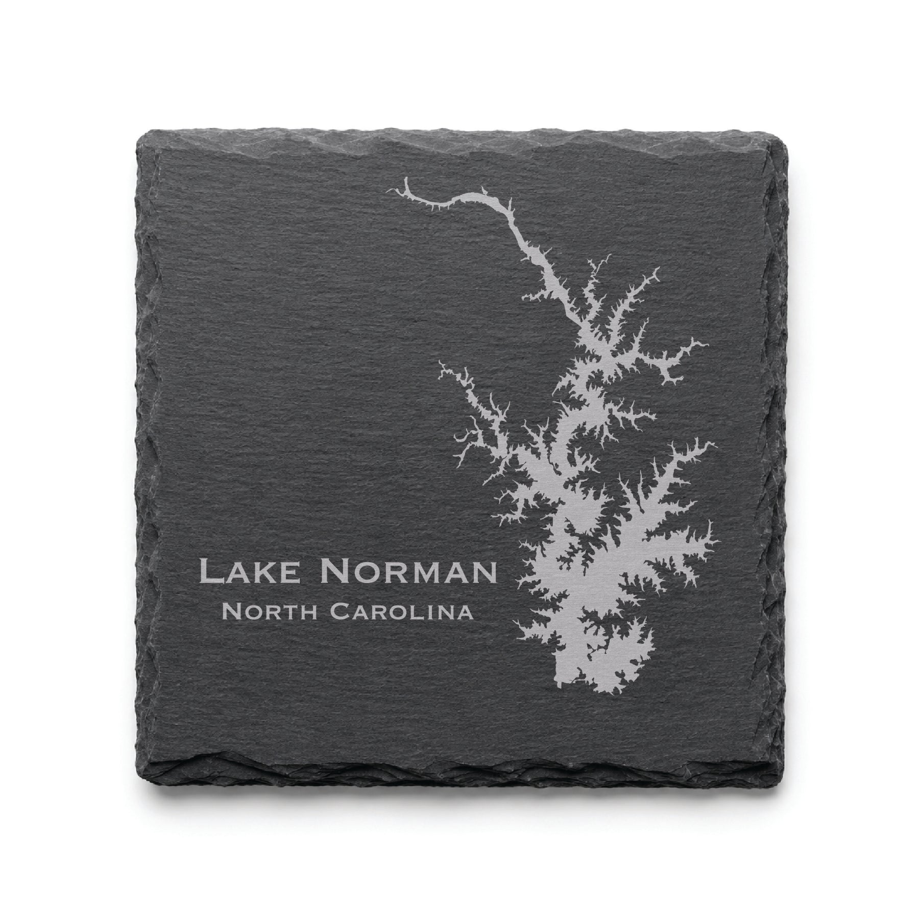 Engraved Lake Norman slate coaster featuring a detailed lake map design with North Carolina text on a clean light background.