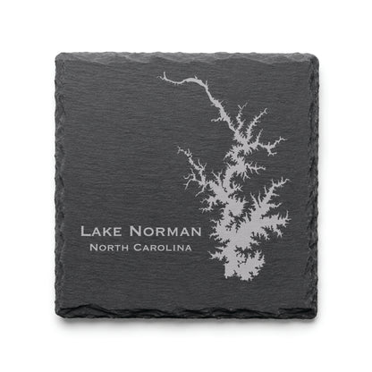 Engraved Lake Norman slate coaster featuring a detailed lake map design with North Carolina text on a clean light background.