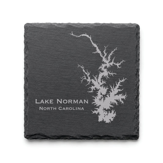 Engraved Lake Norman slate coaster featuring a detailed lake map design with North Carolina text on a clean light background.