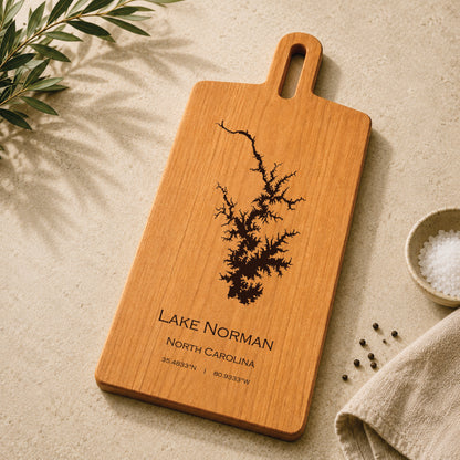 Lake Norman cherry serving board with engraved North Carolina lake map styled with kitchen accents
