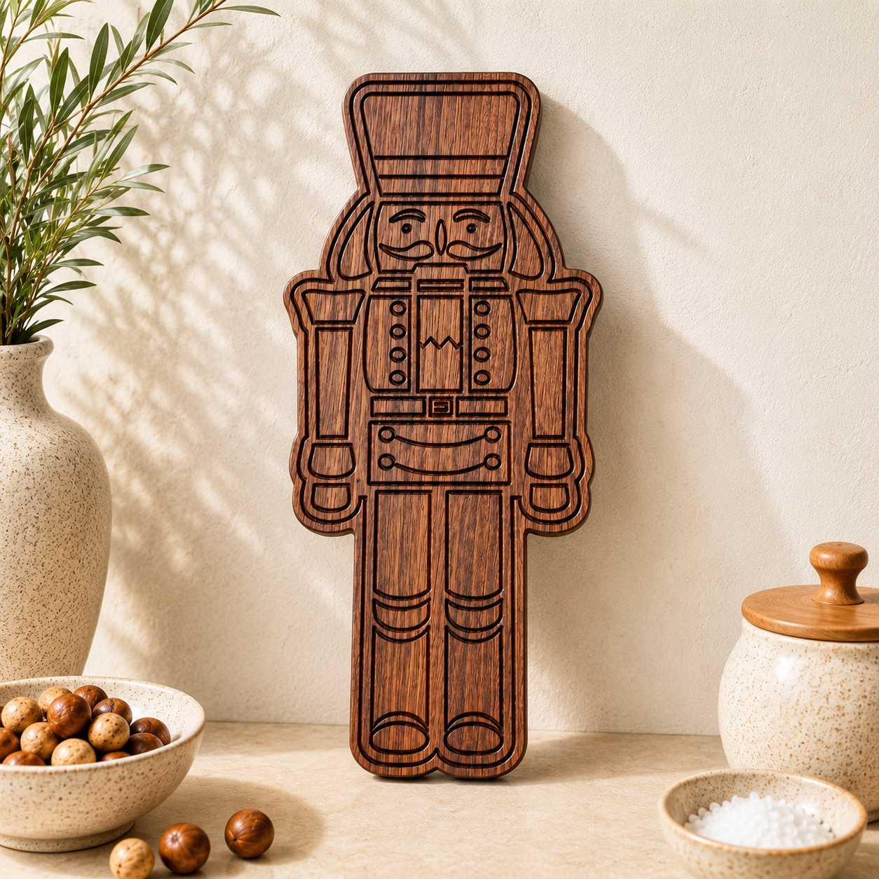 Nutcracker serving board styled in a kitchen setting with neutral holiday décor