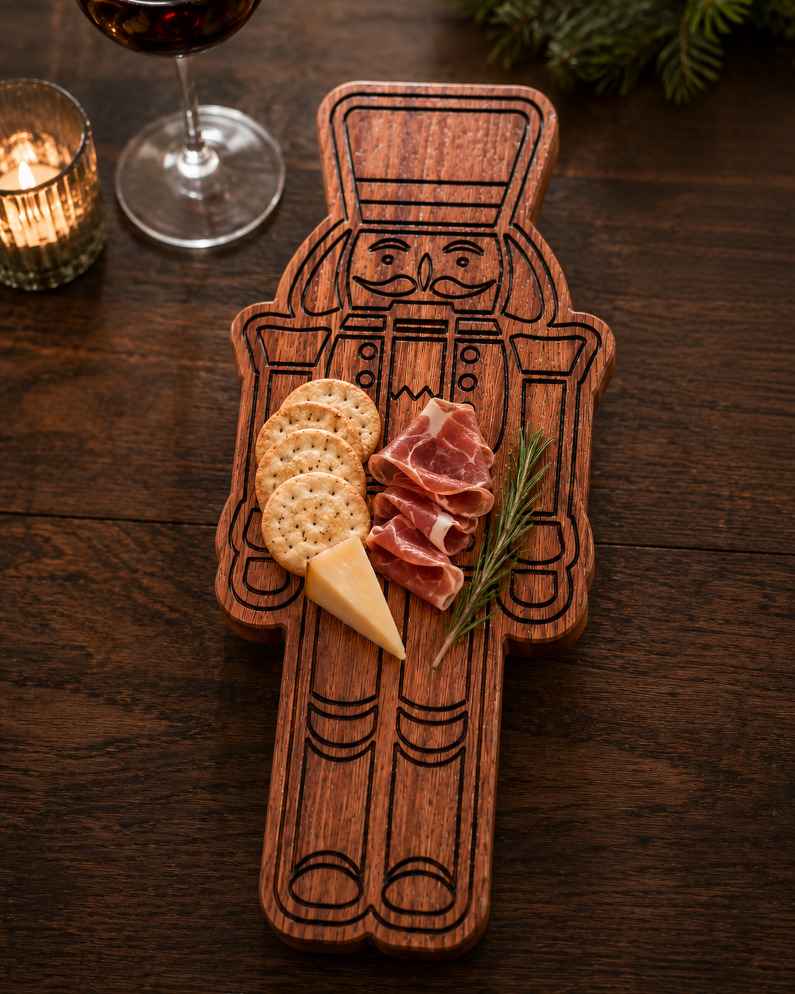 Nutcracker charcuterie board styled with cheese, crackers, and cured meat for holiday entertaining