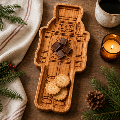 Cherry hardwood nutcracker tray styled on a holiday table with cookies and seasonal entertaining accents.