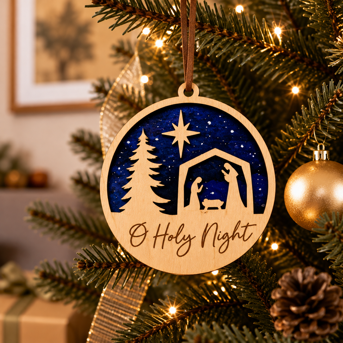 A round wooden Christmas ornament hanging on a decorated tree, featuring a laser-cut nativity scene with a blue background and the words 'O Holy Night' at the bottom.