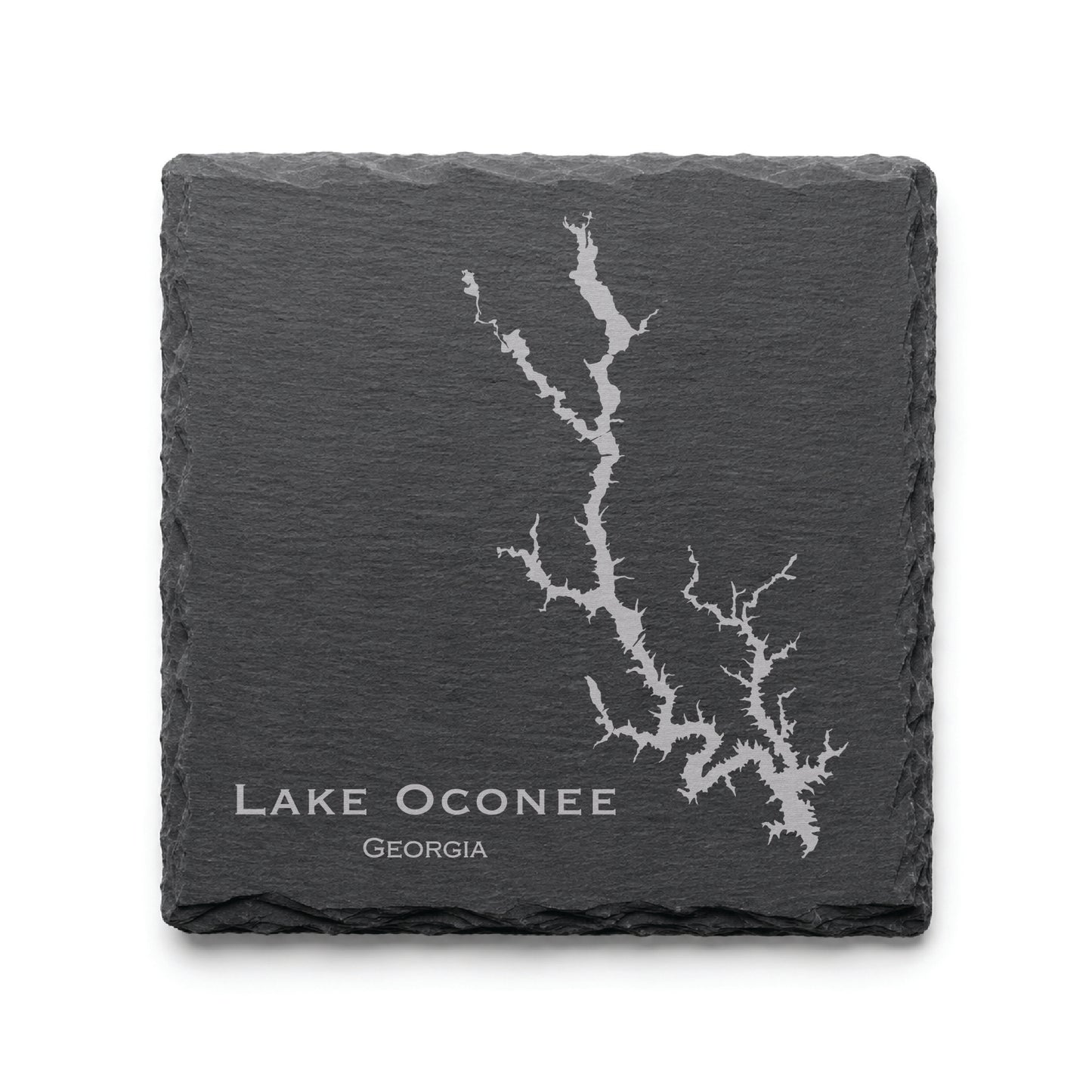 Engraved Lake Oconee slate coaster featuring a detailed lake map design with Georgia text on a clean light background.