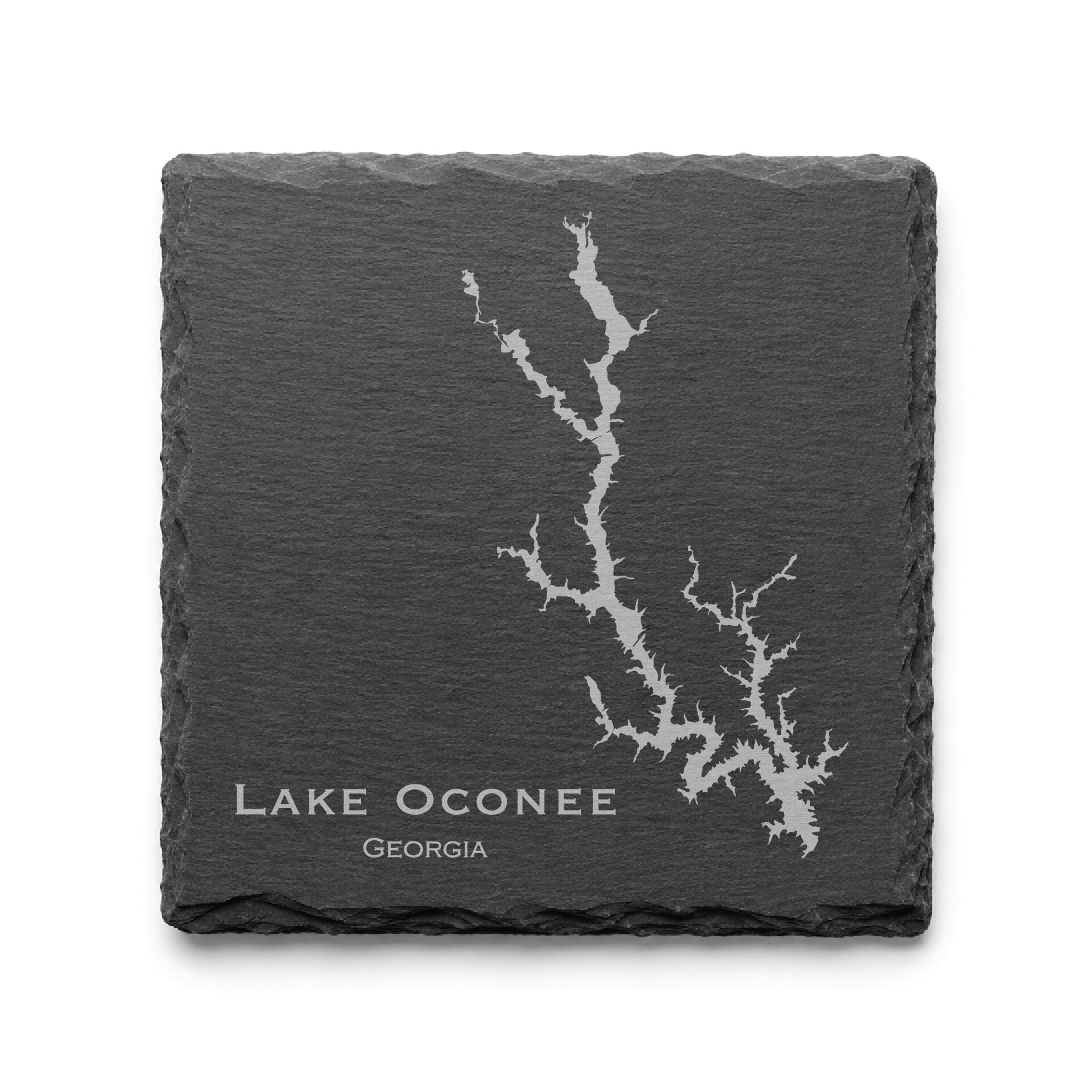 Engraved Lake Oconee slate coaster featuring a detailed lake map design with Georgia text on a clean light background.