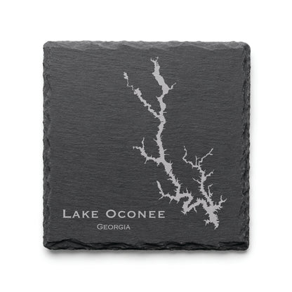 Engraved Lake Oconee slate coaster featuring a detailed lake map design with Georgia text on a clean light background.