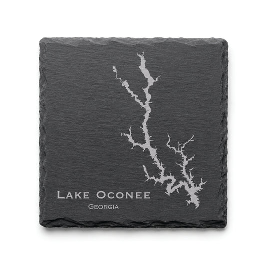 Engraved Lake Oconee slate coaster featuring a detailed lake map design with Georgia text on a clean light background.