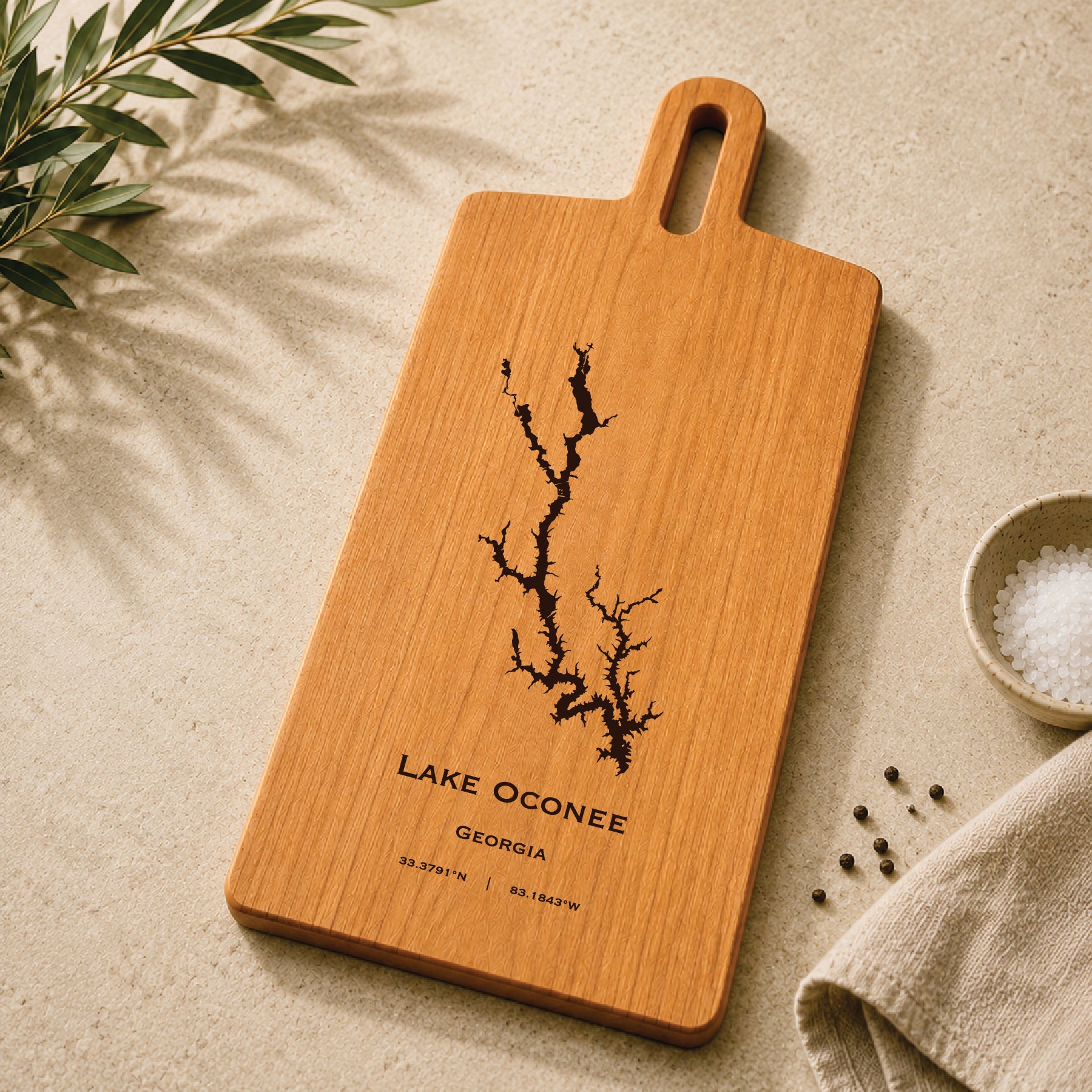Lake Oconee cherry serving board with engraved Georgia lake map styled with kitchen accents