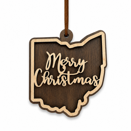 Wooden Christmas ornament shaped like the state of Ohio with 'Merry Christmas' text.