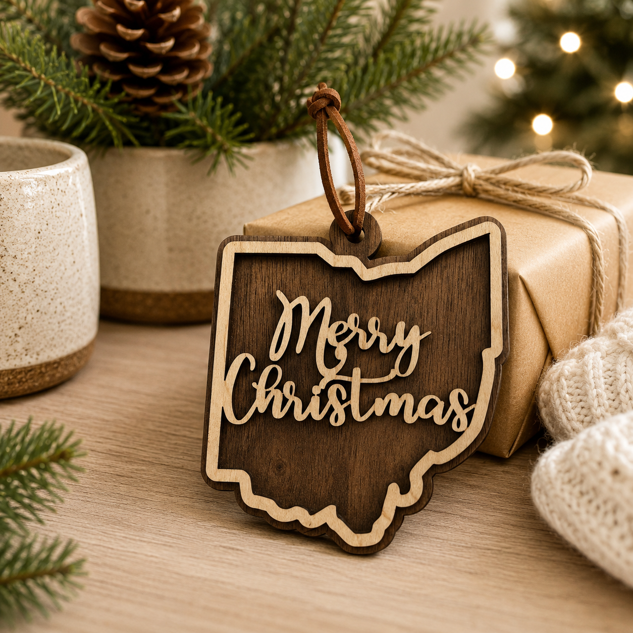 Wooden 'Merry Christmas' ornament in the shape of Ohio on a gift with Christmas decorations in the background