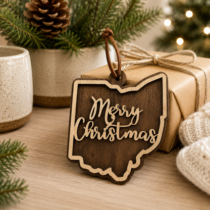 Wooden 'Merry Christmas' ornament in the shape of Ohio on a gift with Christmas decorations in the background