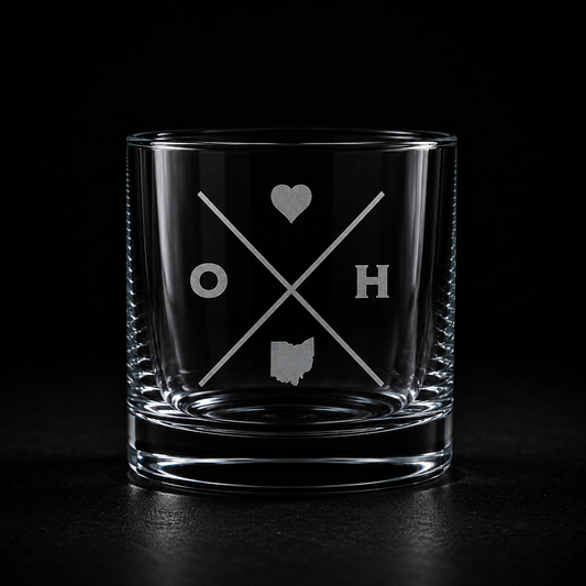 Engraved Ohio rocks glass with frosted Ohio silhouette and crossed-letter monogram on a dark background.