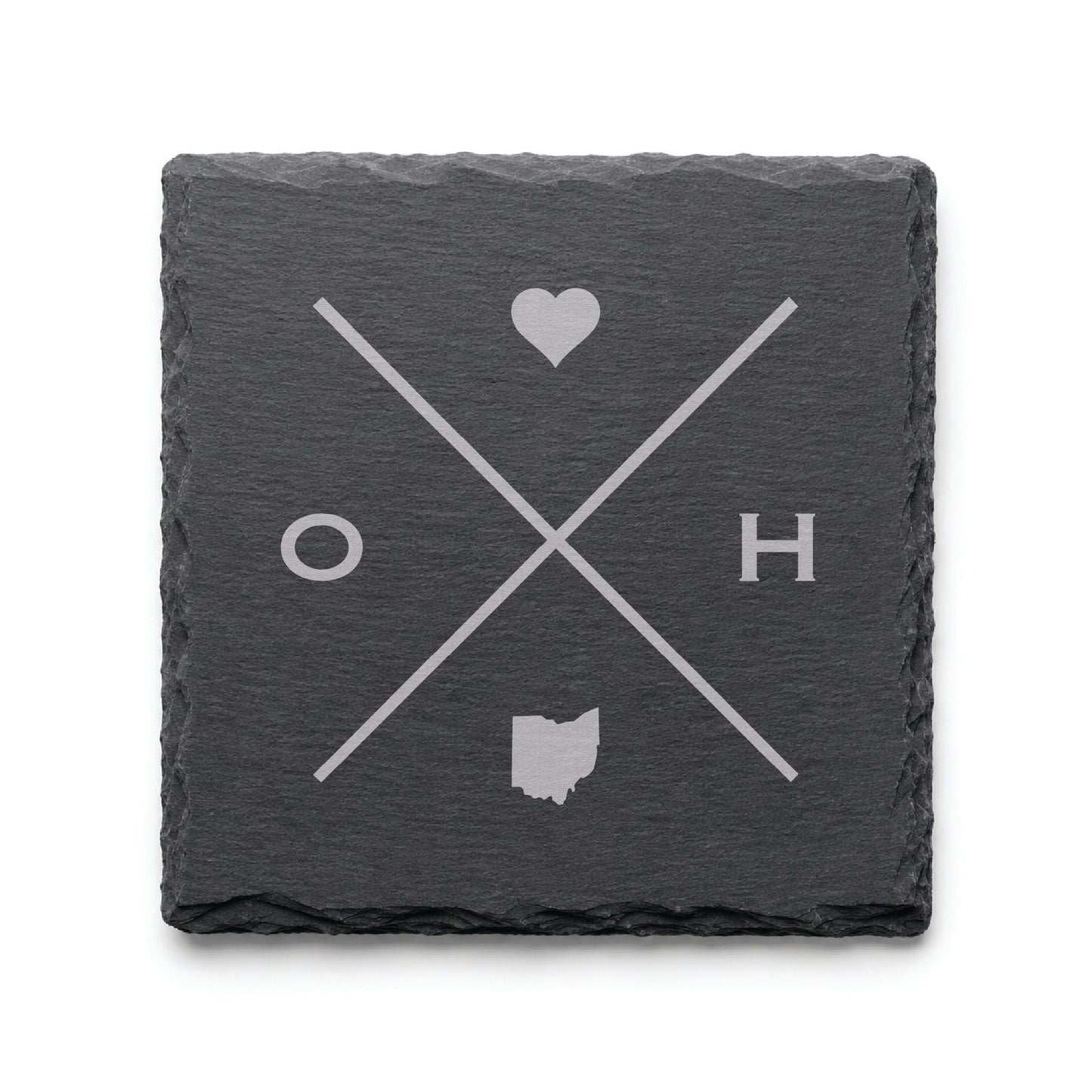 Engraved Ohio slate coaster featuring a minimalist crossed-line design with heart detail and Ohio silhouette on a clean light background.
