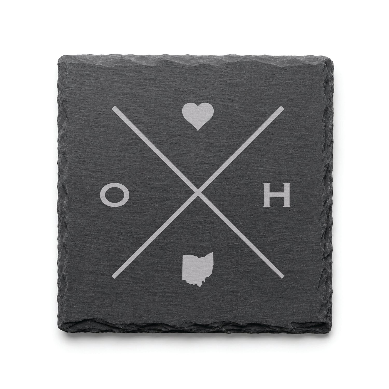 Engraved Ohio slate coaster featuring a minimalist crossed-line design with heart detail and Ohio silhouette on a clean light background.