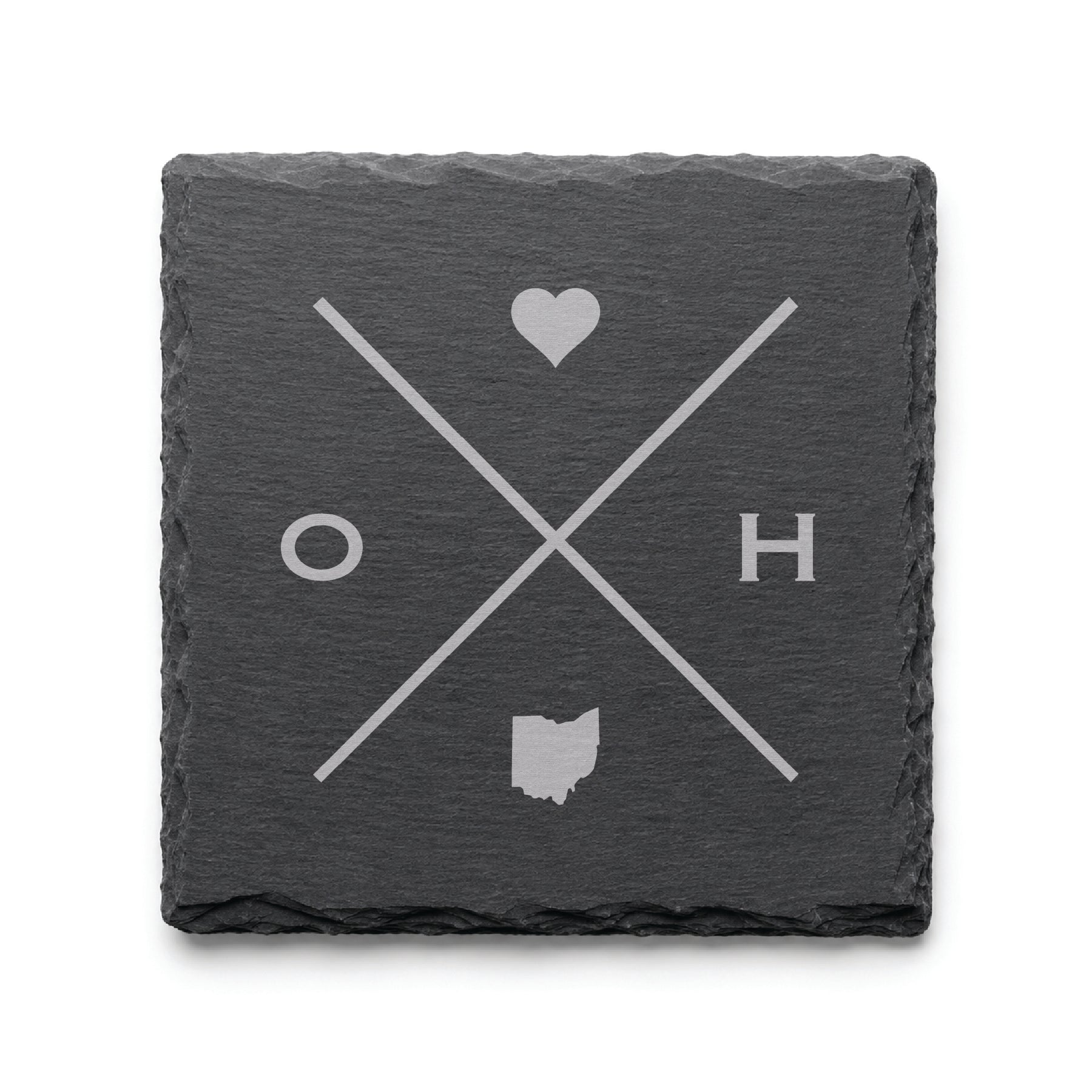 Engraved Ohio slate coaster featuring a minimalist crossed-line design with heart detail and Ohio silhouette on a clean light background.