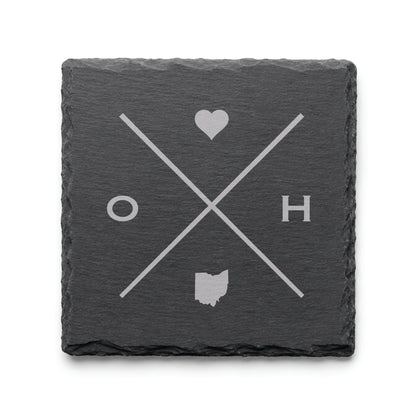 Engraved Ohio slate coaster featuring a minimalist crossed-line design with heart detail and Ohio silhouette on a clean light background.
