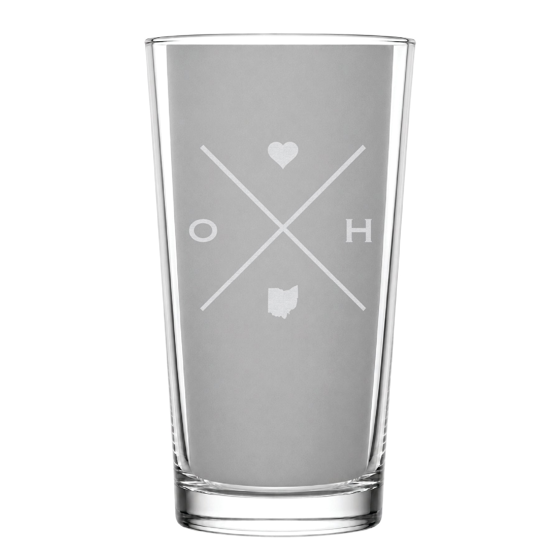 Clear pint glass with engraved Ohio crossed-line design, heart icon, and Ohio silhouette on a clean light background
