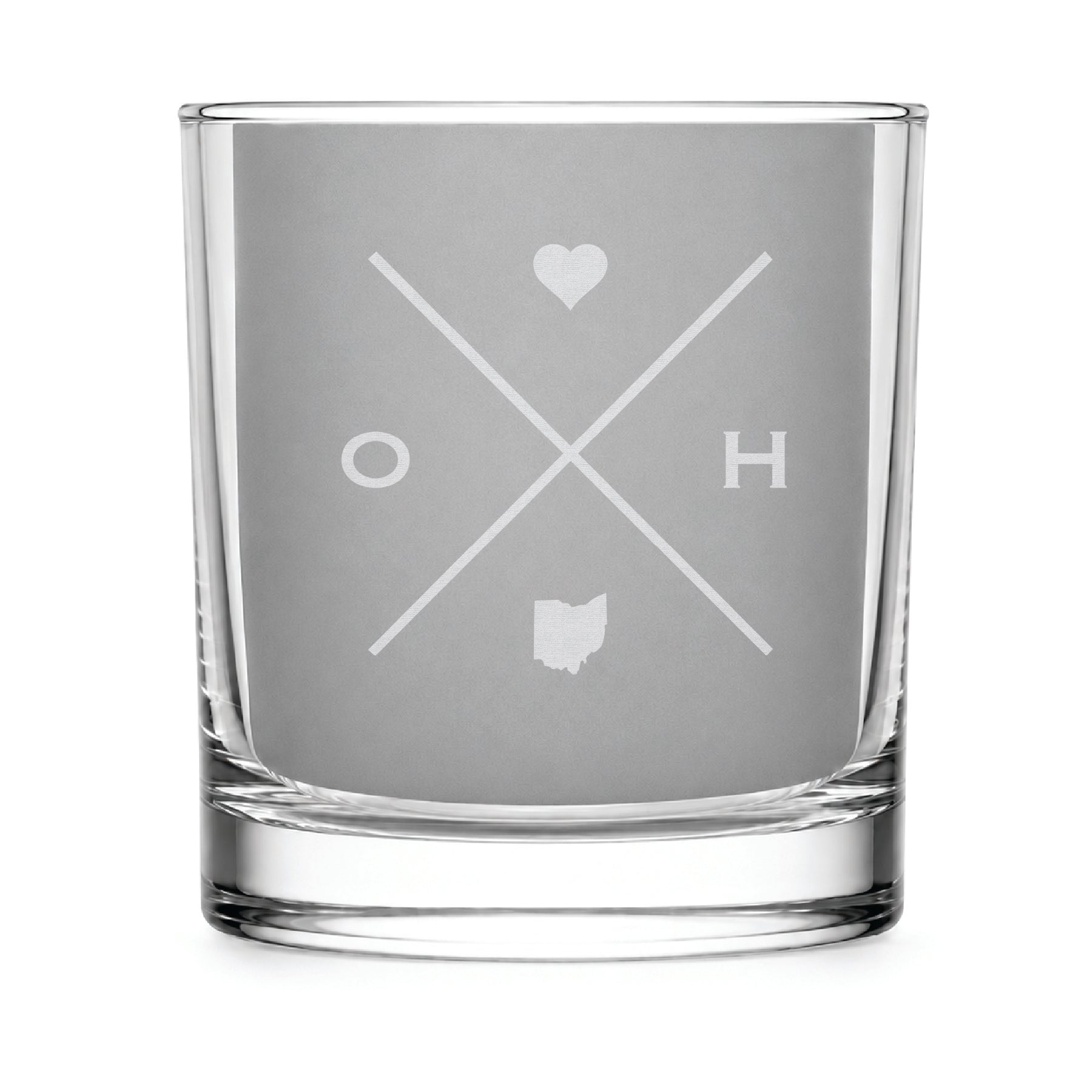 Clear engraved rocks glass featuring a minimalist crossed-line Ohio design with monogram initials, heart icon, and Ohio silhouette on a clean light background.