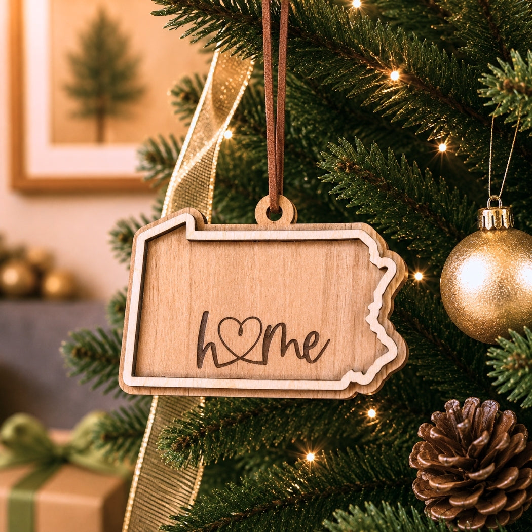 Layered Pennsylvania “home” ornament hanging on a decorated Christmas tree with warm white lights, pinecones, and gold ornaments.